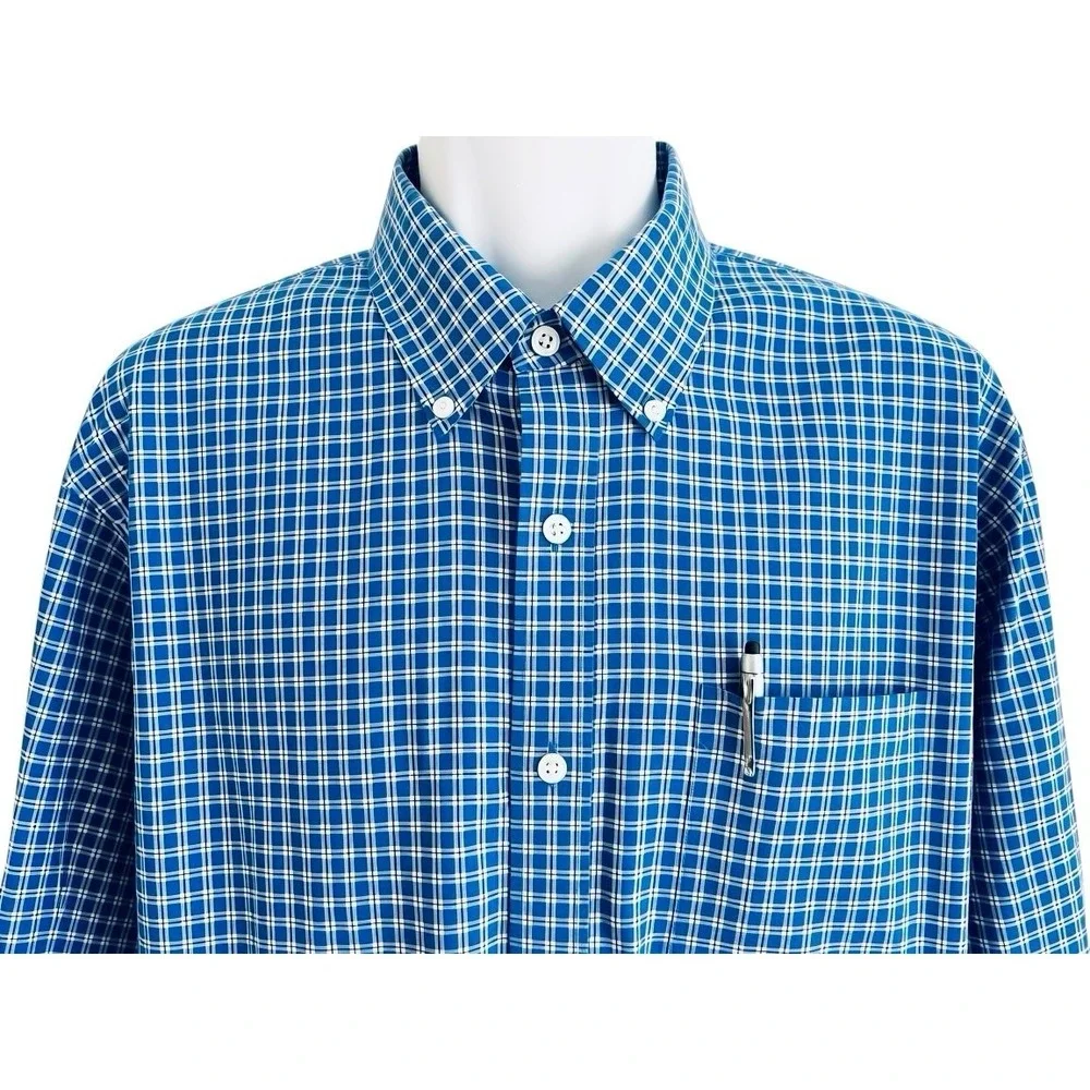 LL BEAN Men Shirt‎ XL TALL Check Teal Wrinkle Free Preppy Button Down